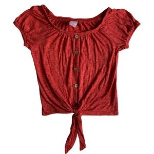 NoBoundaries reddish waist length short sleeve button down knot tie shirt